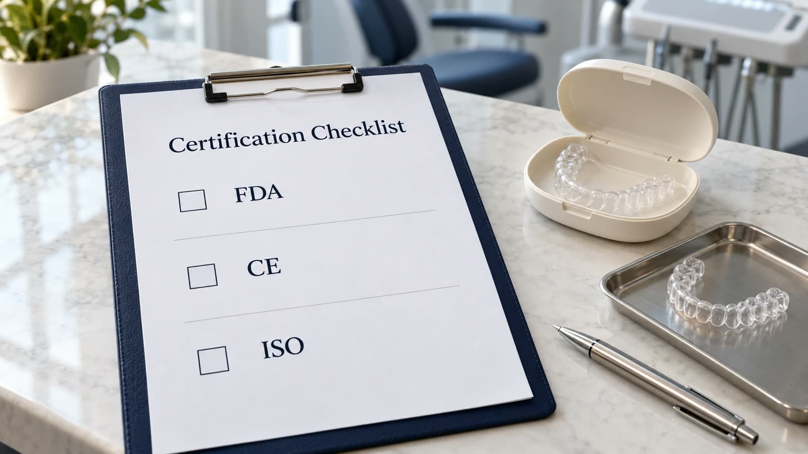 Clipboard with a certification checklist for FDA, CE and ISO next to clear aligners and an aligner case in a dental clinic